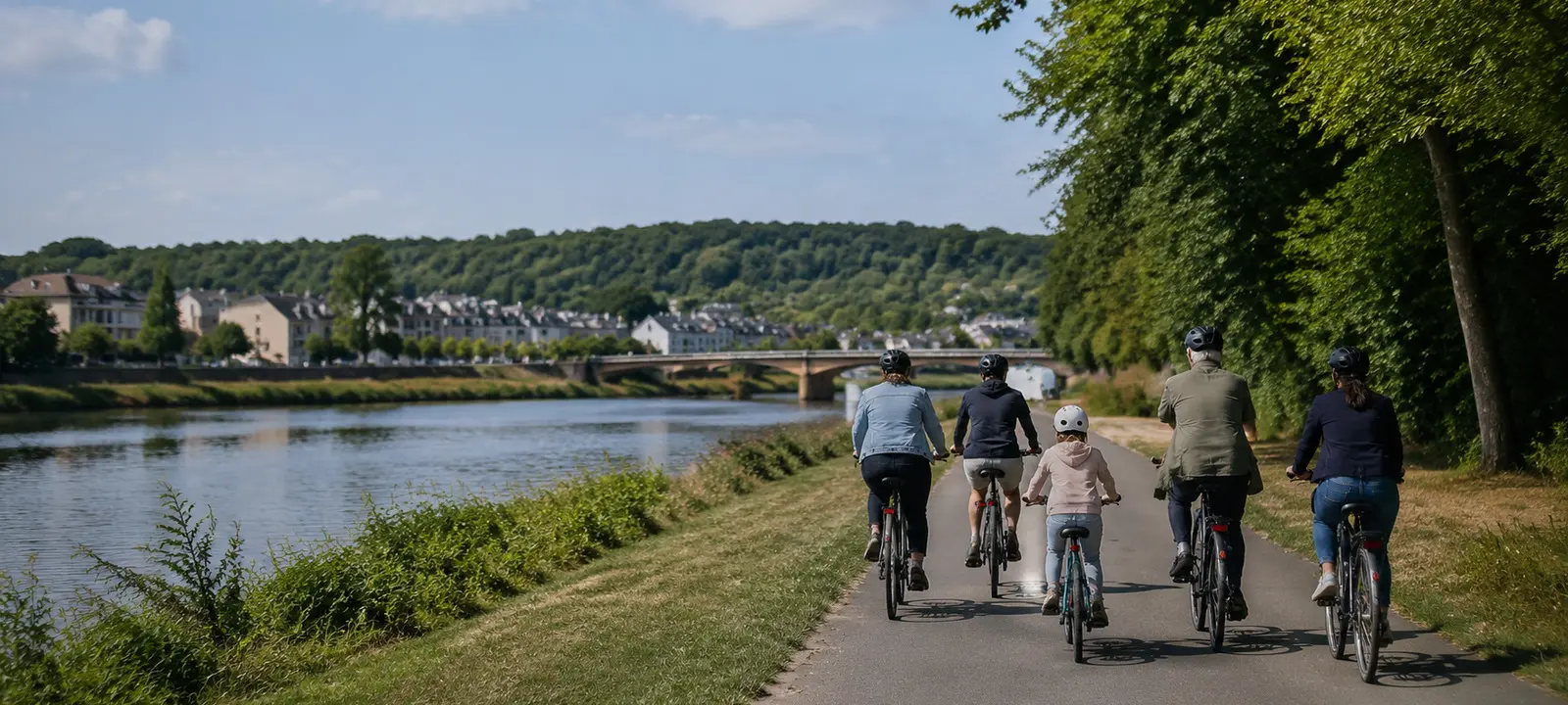Famille et adultes à vélo le long de l’Oise dans le Compiégnois
