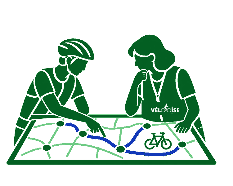 Un cycliste montre une proposition sur un plan à une bénévole de VélOOise qui l’étudie